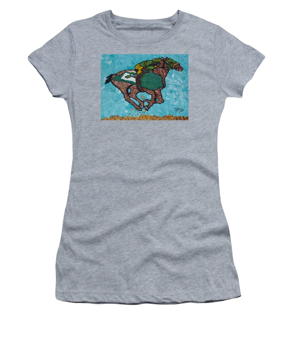 Horse Women's T-Shirt featuring the mixed media Down the Stretch by Deborah Stanley