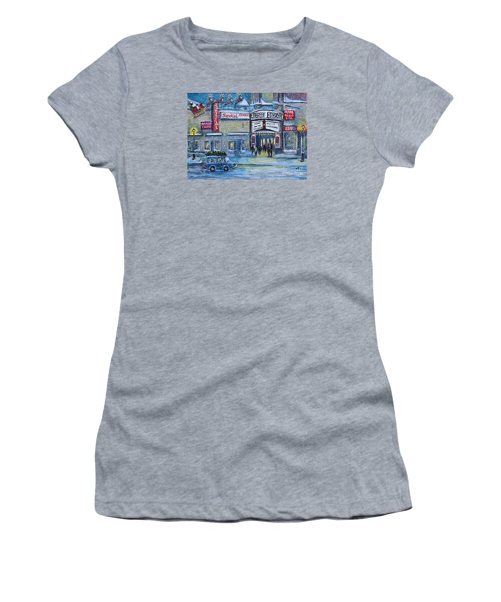 Embassy Theatre Women's T-Shirt featuring the painting Dreaming of a White Christmas by Rita Brown