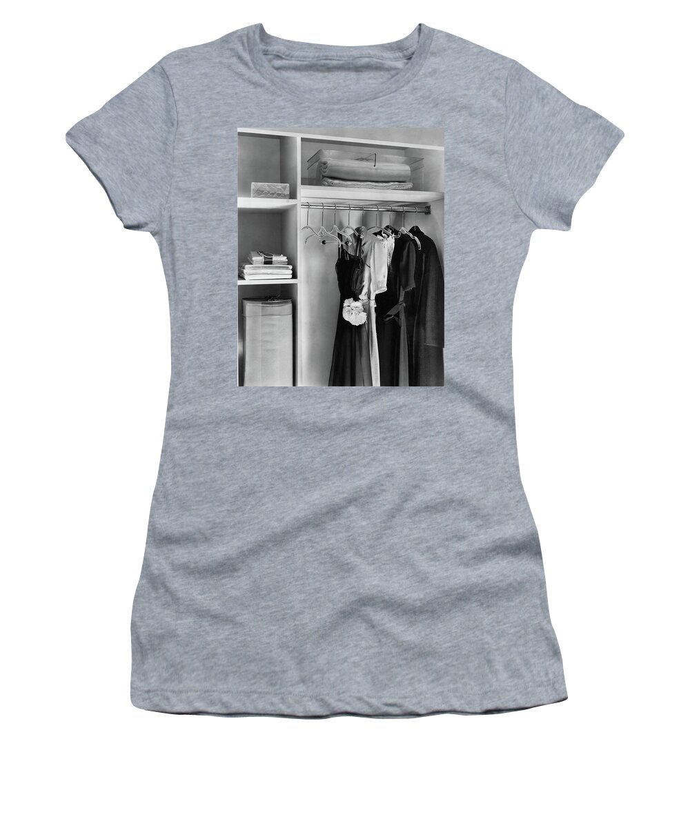Interior Women's T-Shirt featuring the photograph Dresses Hanging In A Closet by Dana B. Merrill