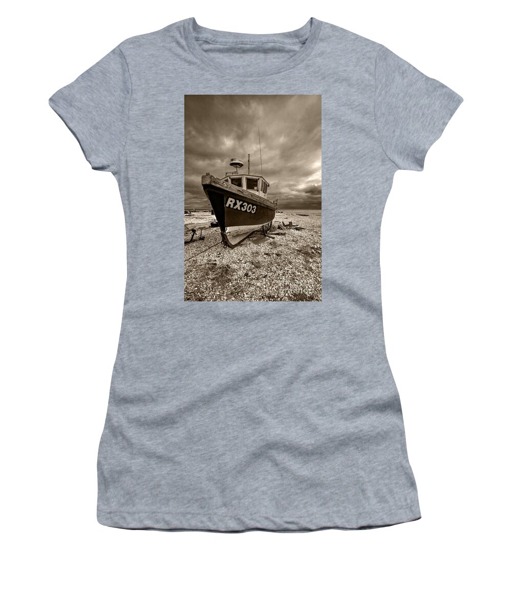 Dungeness Women's T-Shirt featuring the photograph Dungeness Boat Under Stormy Skies by Bel Menpes