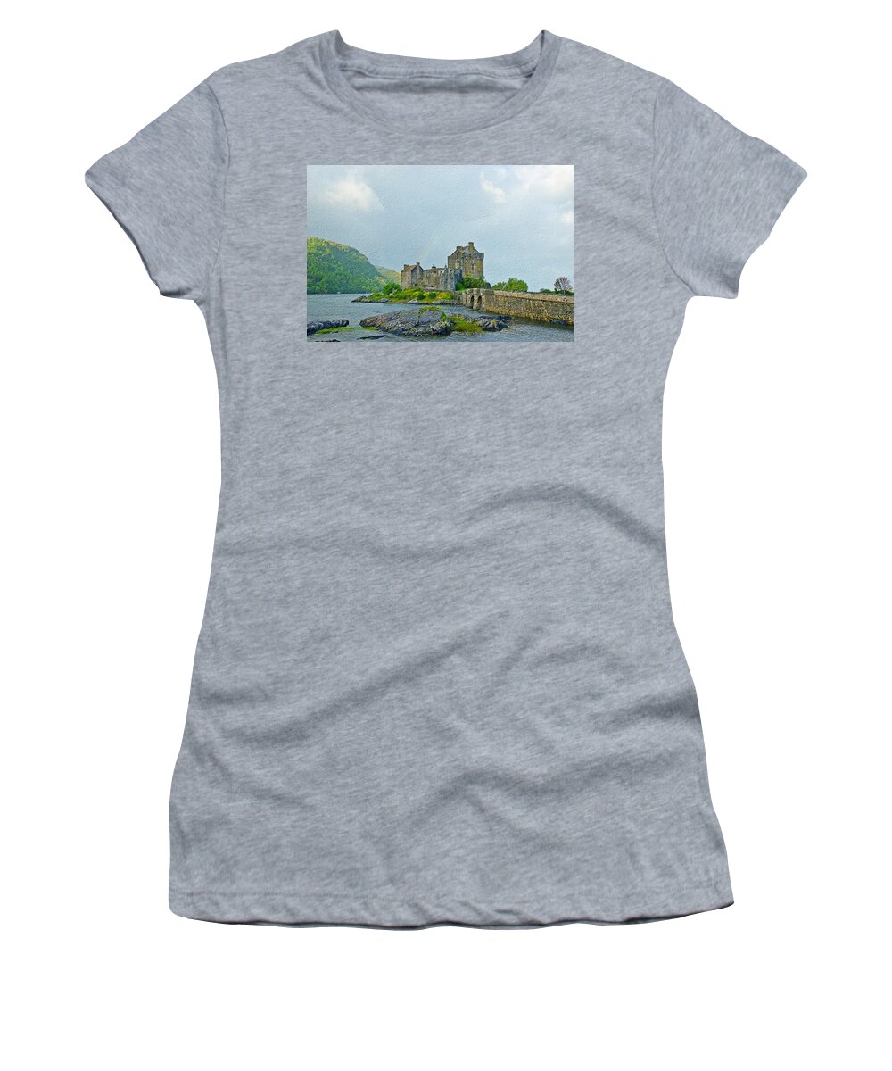 Eilean Donan Castle Women's T-Shirt featuring the photograph Eilean Donan Castle Textured 2 by Chris Thaxter