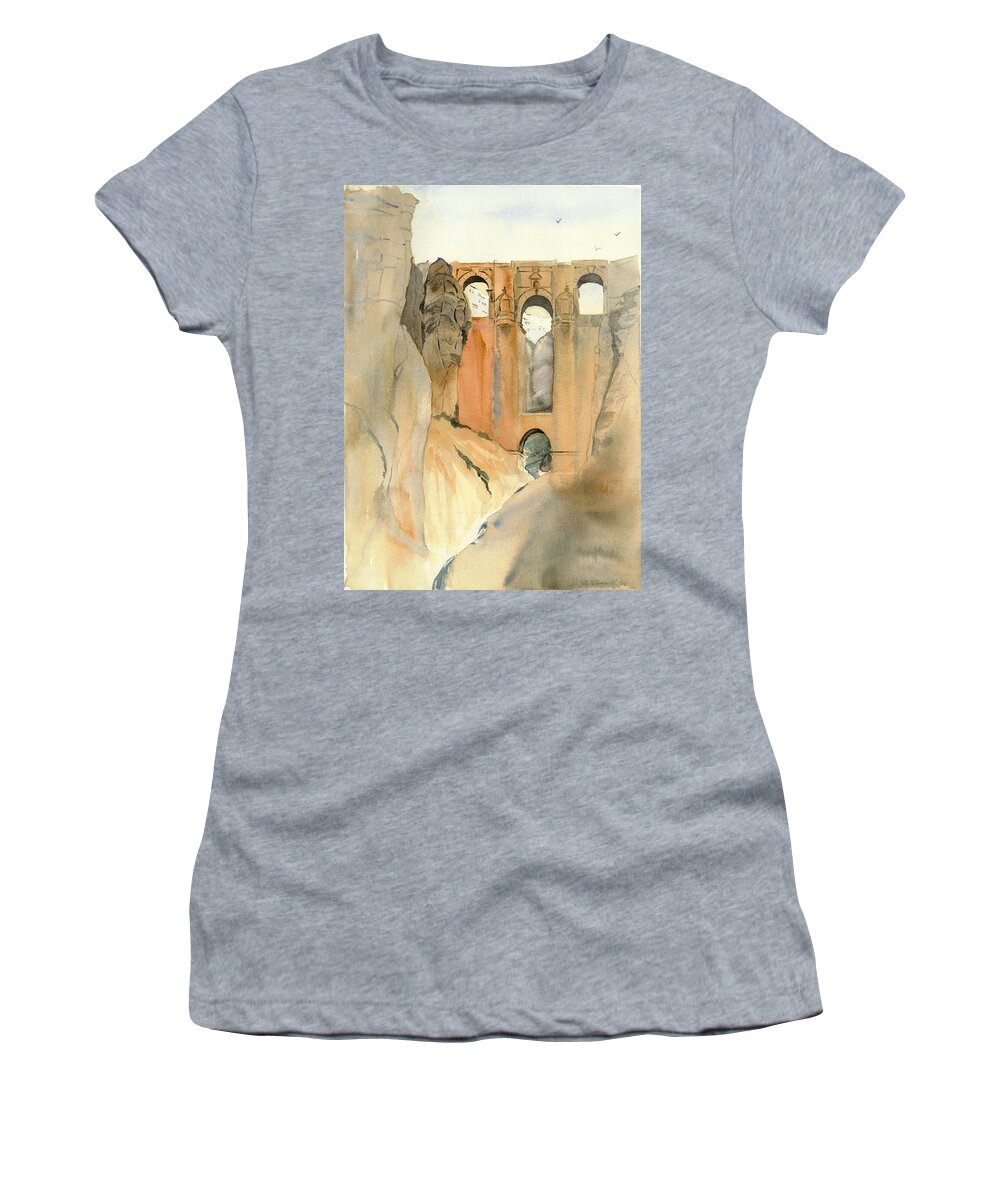 Europe Women's T-Shirt featuring the painting El Puente Nuevo, Ronda, Spain by Amanda Amend