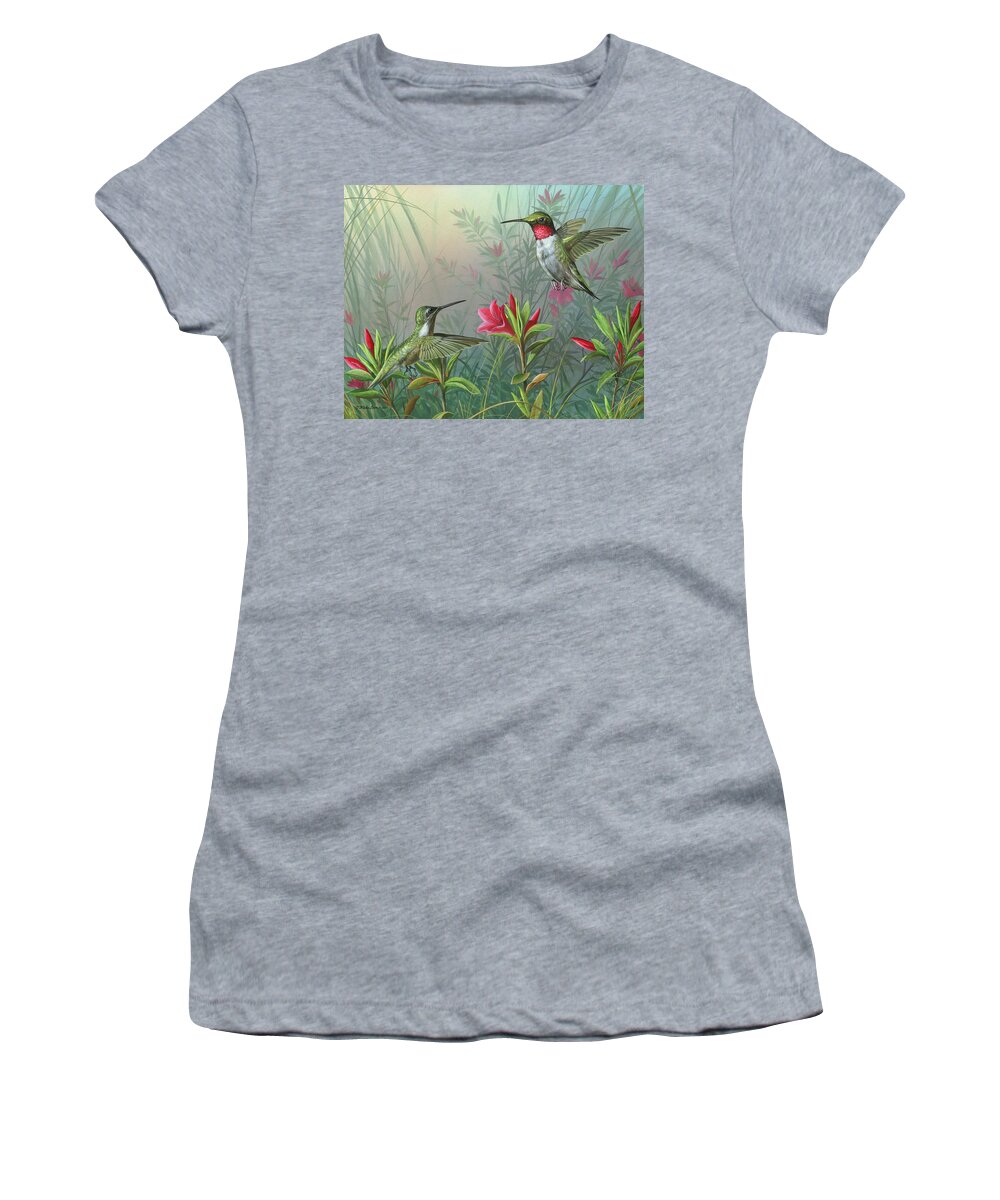 Humming Birds Women's T-Shirt featuring the painting Elegance by Mike Brown