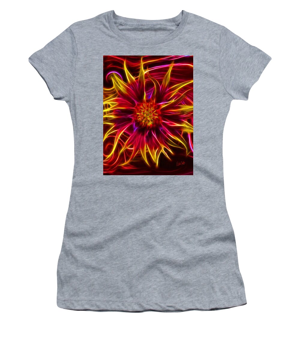 Firewheel Women's T-Shirt featuring the digital art Electric Firewheel Flower Artwork by Nikki Marie Smith