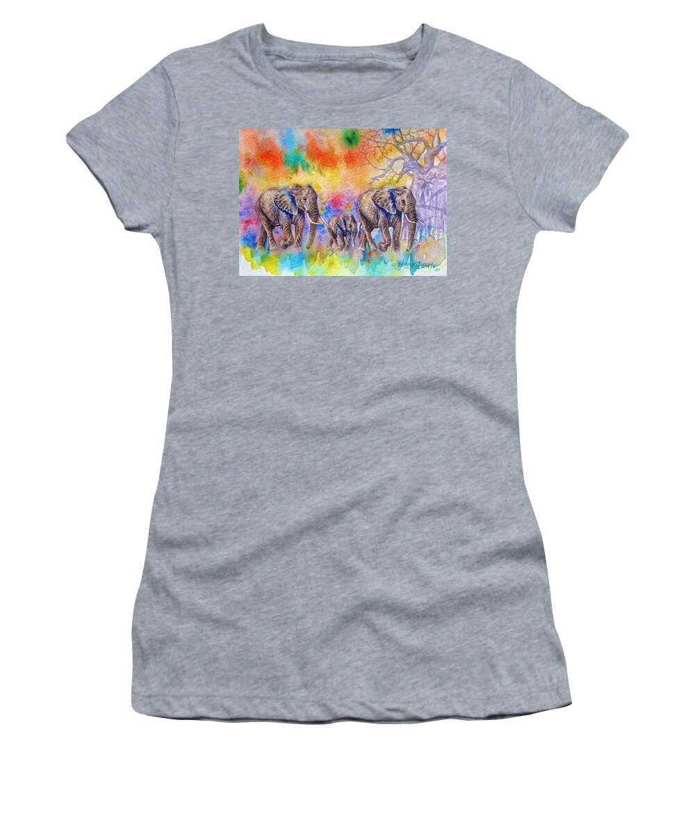 African Paintings Women's T-Shirt featuring the painting Elephants on the Move by Joseph Thiongo