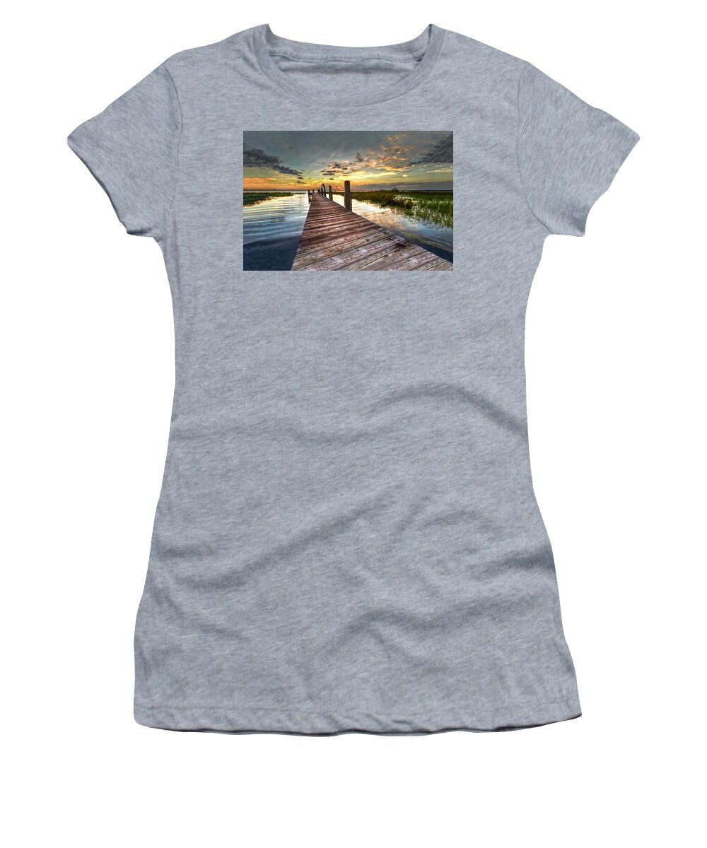 Clouds Women's T-Shirt featuring the photograph Evening Dock by Debra and Dave Vanderlaan