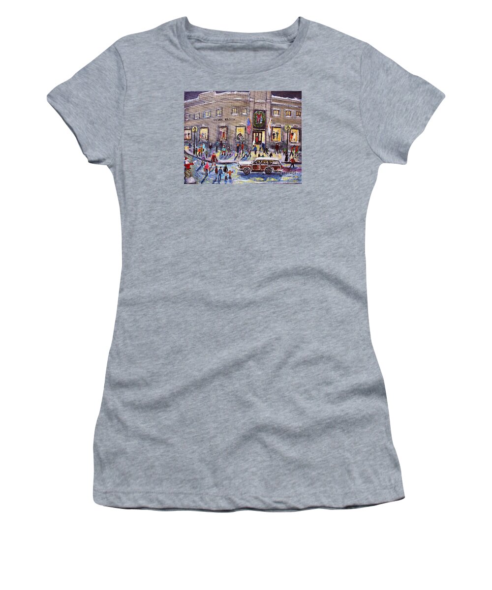 Grover Cronin Women's T-Shirt featuring the painting Evening Shopping at Grover Cronin by Rita Brown