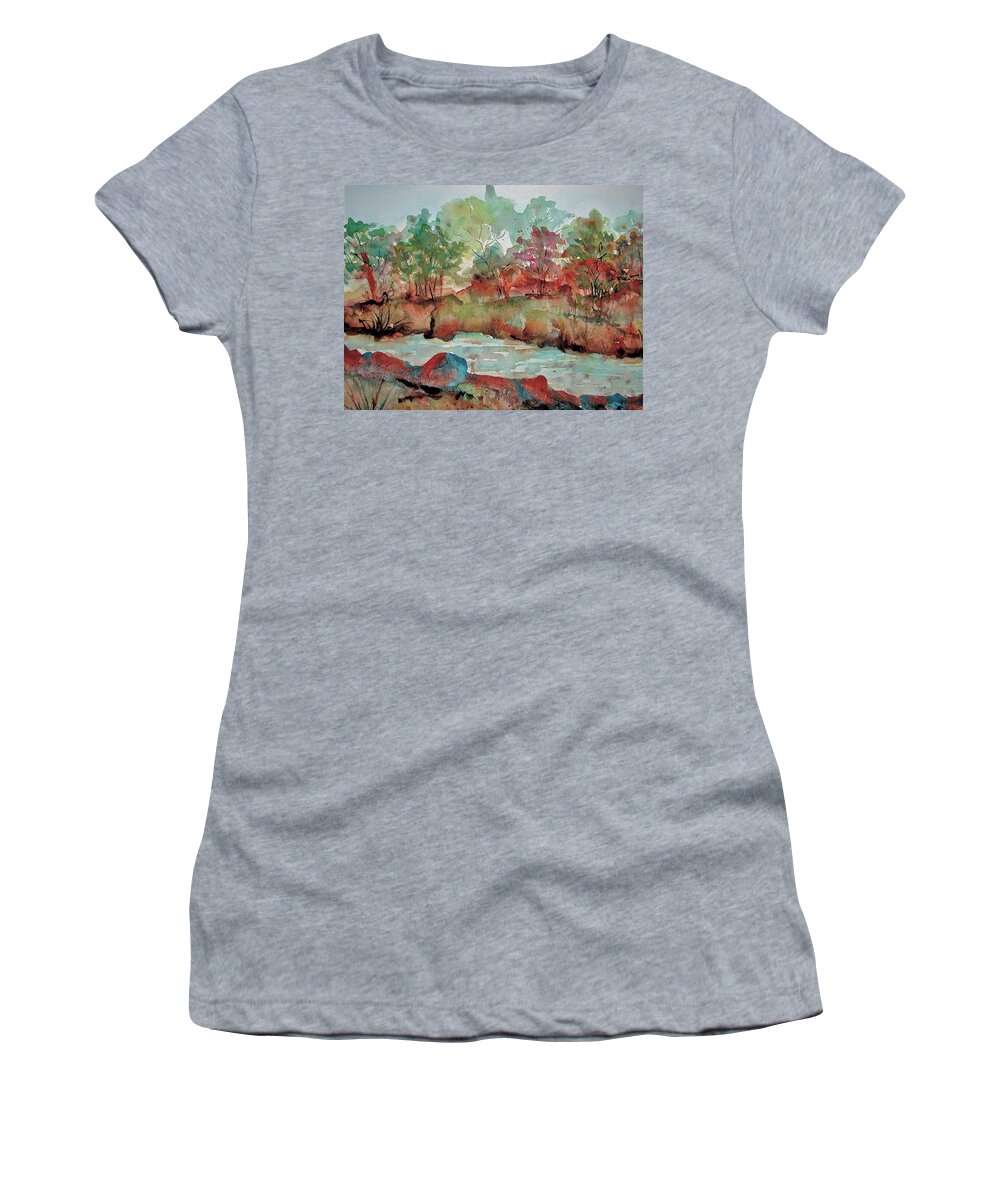 Fall Women's T-Shirt featuring the painting Fall by the River by Anna Ruzsan