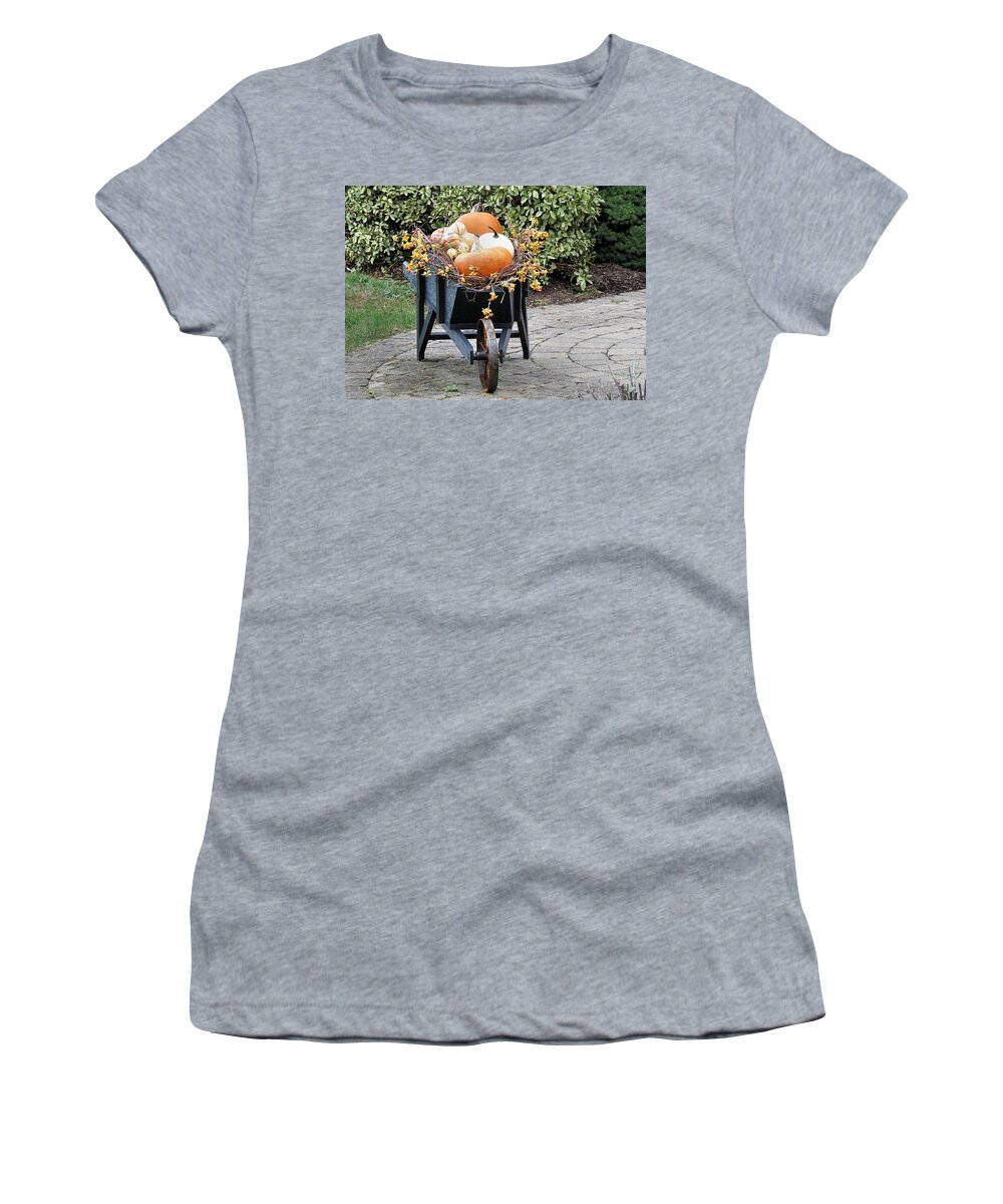 Wheelbarrow Women's T-Shirt featuring the photograph Fall Decorated Wheelbarrow by Janice Drew