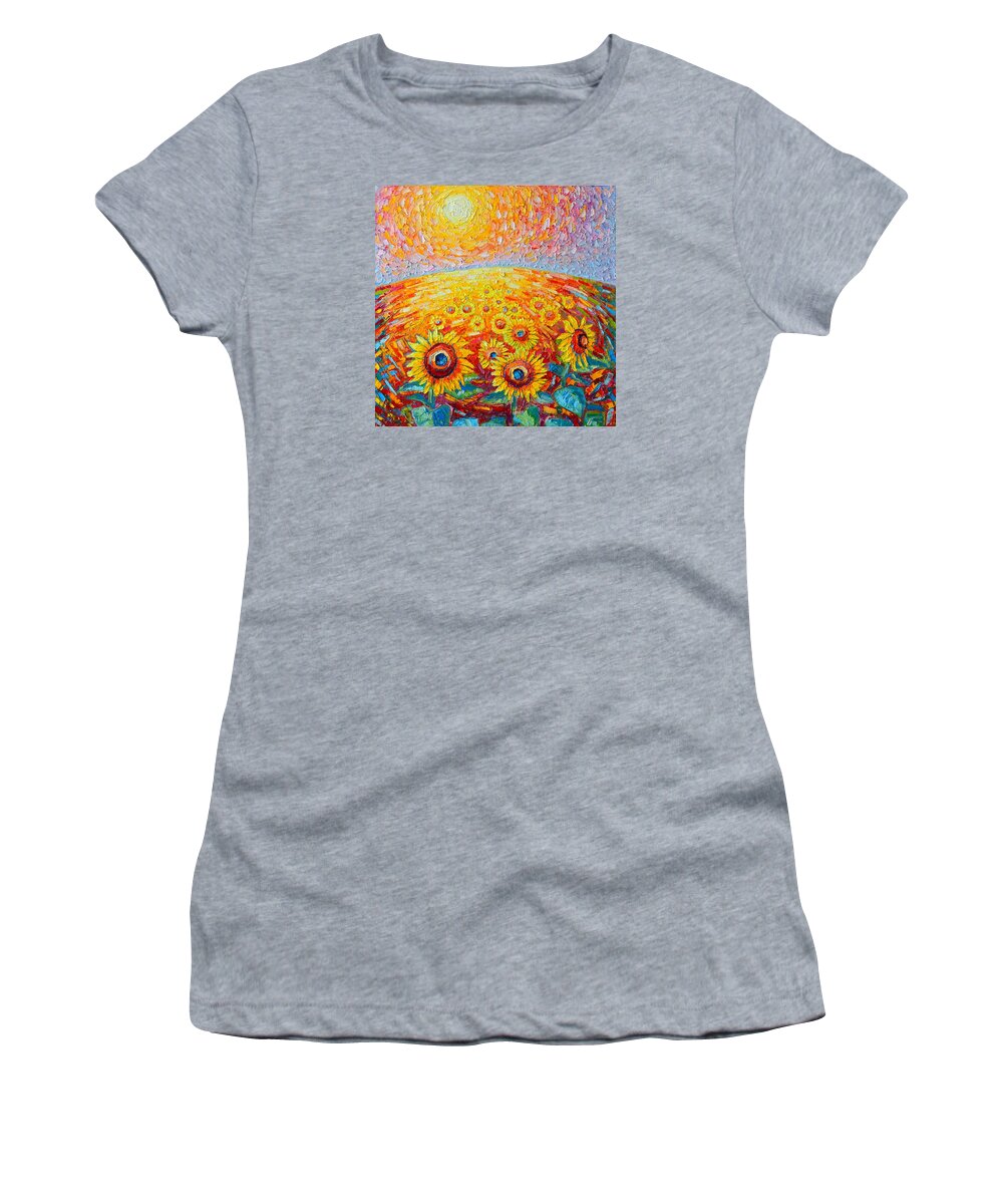 Sunflower Women's T-Shirt featuring the painting Fields Of Gold - Abstract Landscape With Sunflowers In Sunrise by Ana Maria Edulescu