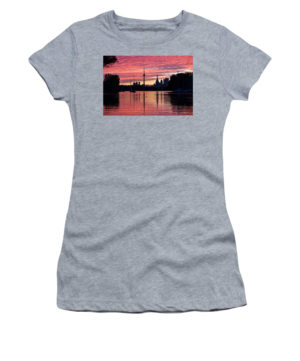 Toronto Women's T-Shirt featuring the photograph Fiery Sunset - Downtown Toronto Skyline with Sailboats by Georgia Mizuleva