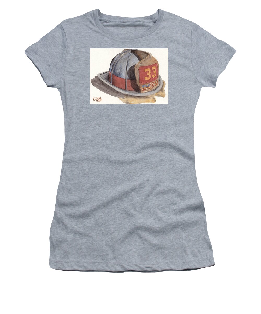 Fire Women's T-Shirt featuring the painting Firefighter Helmet With Melted Visor by Ken Powers