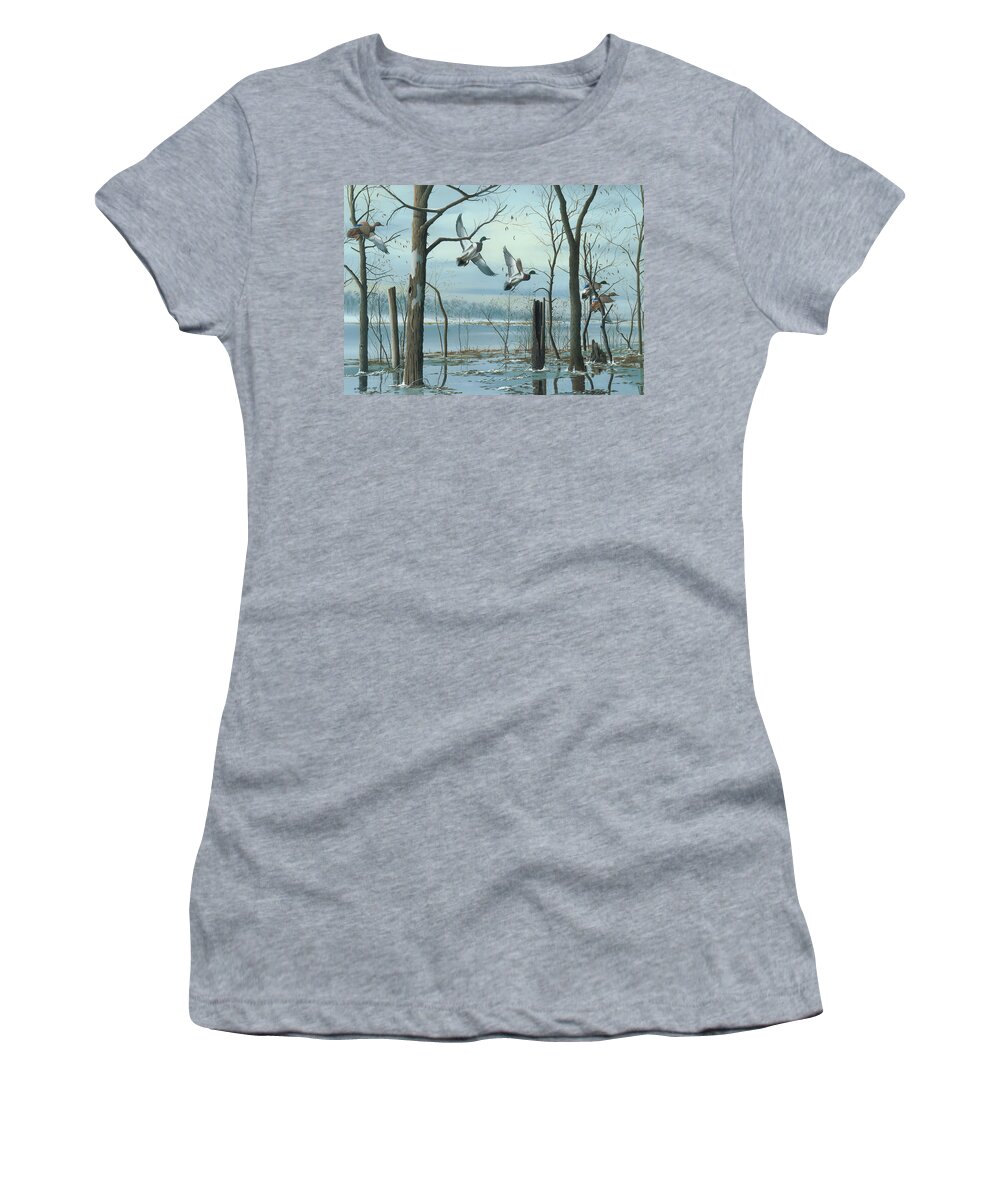 Mallards Women's T-Shirt featuring the painting First Snow by Mike Brown