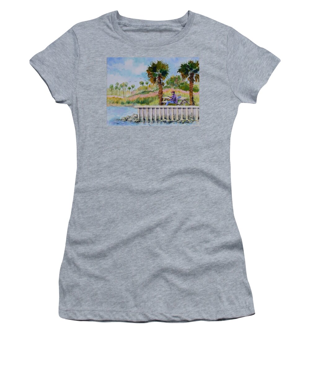 River Women's T-Shirt featuring the painting Fishing on the Peir by Jyotika Shroff