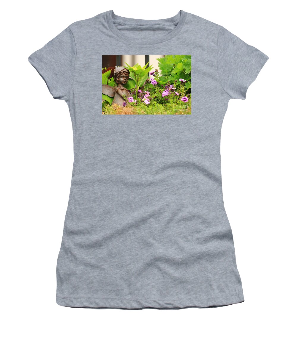 Angel Women's T-Shirt featuring the photograph Flower-bed mit an angel statue by Amanda Mohler