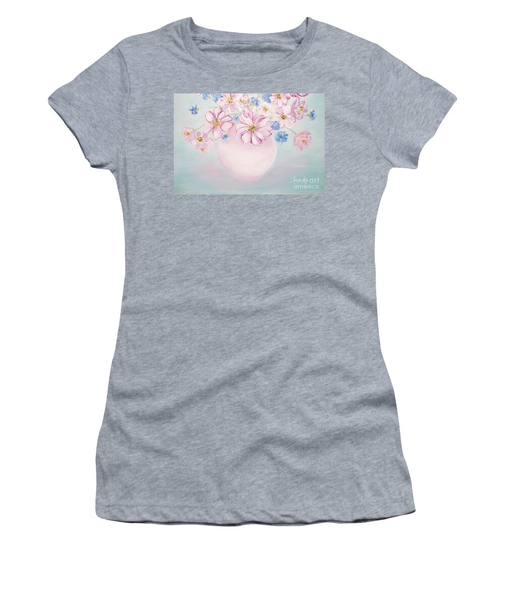 Flowers In A Vase Women's T-Shirt featuring the painting Flowers in a vase. Delicate blue by Oksana Semenchenko