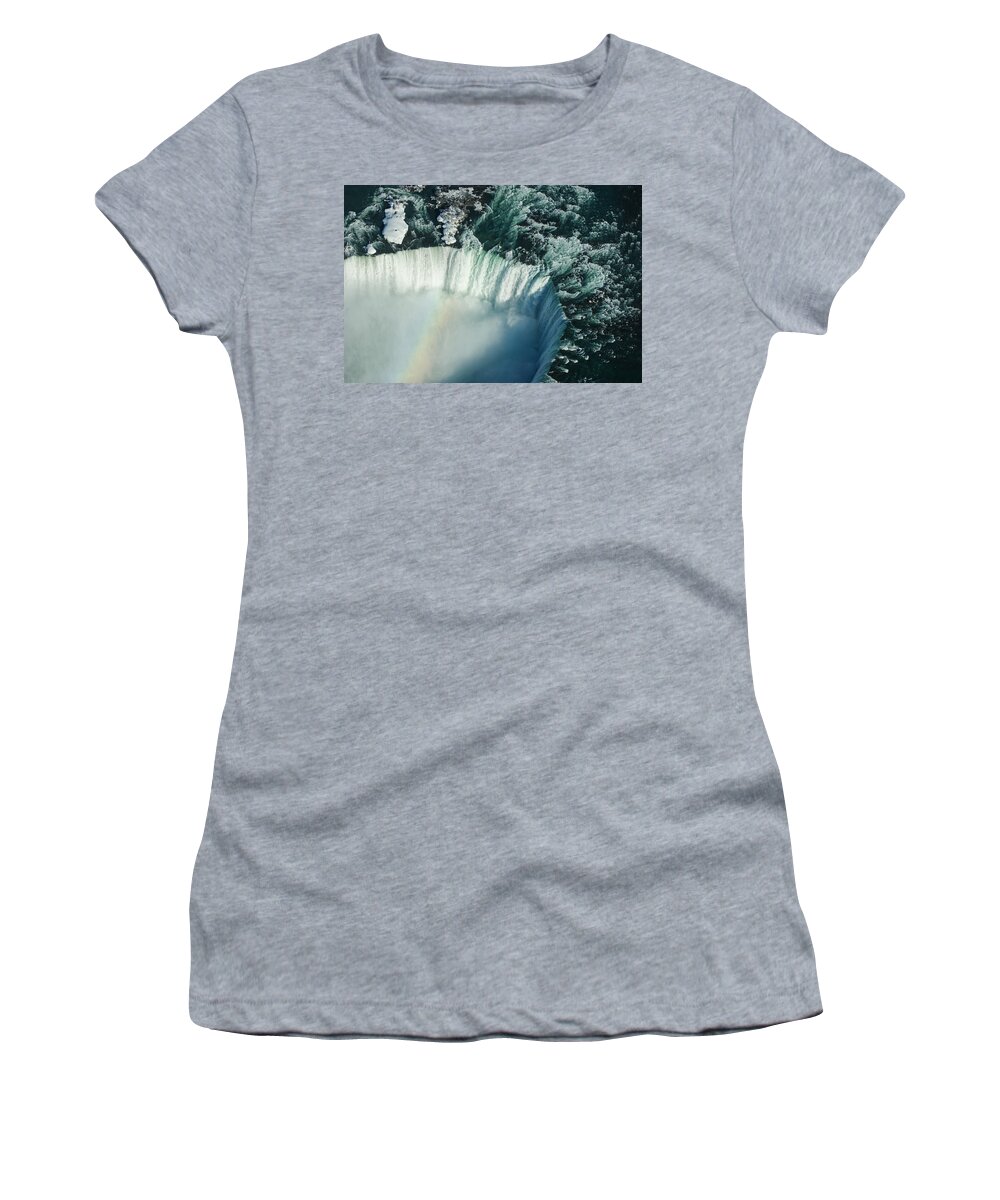 Niagara Falls Women's T-Shirt featuring the photograph Flying Over Icy Niagara Falls by Georgia Mizuleva