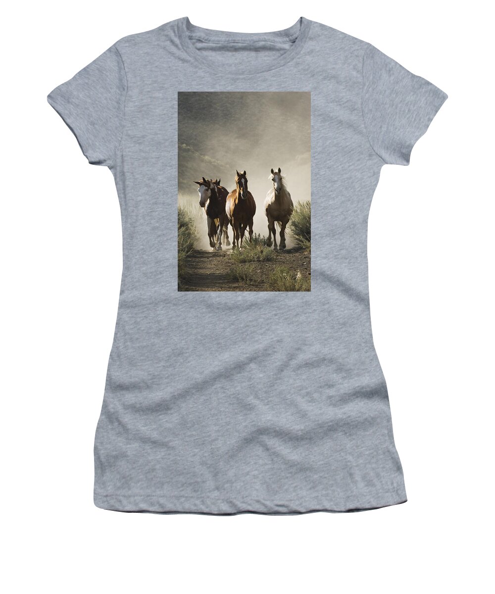 Feb0514 Women's T-Shirt featuring the photograph Four Horses Approaching by Konrad Wothe