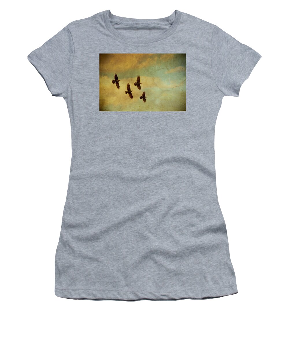 Ravens Women's T-Shirt featuring the photograph Four Ravens Flying by Peggy Collins