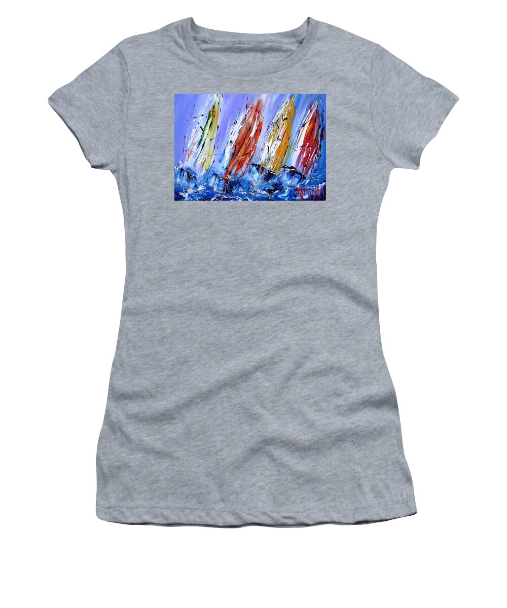 Sails Women's T-Shirt featuring the painting Four Sails To Four Winds Available As A Signed And Numbered Print On Canvas See Www.pixi-art.com by Mary Cahalan Lee - aka PIXI