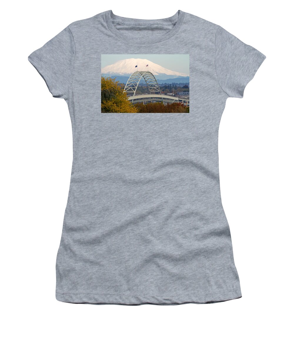 Fremont Women's T-Shirt featuring the photograph Fremont Bridge and Mount Saint Helens by David Gn