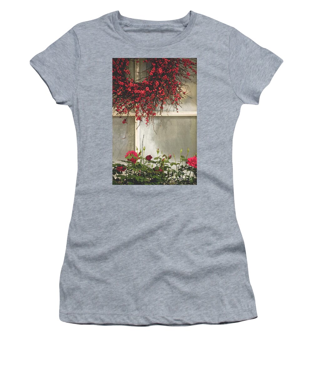Window; Frost; Windowpane; Frosted; Wreath; Christmas; Red; Flowers; Country; House; Wooden; Home; Glass Women's T-Shirt featuring the photograph Frosted Windowpane by Margie Hurwich