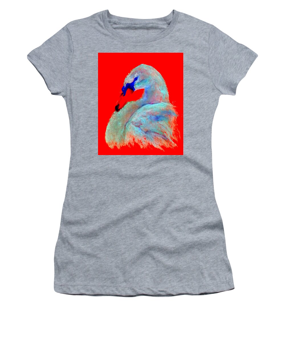 Art Women's T-Shirt featuring the painting Funky Swan Blue on Red by Sue Jacobi