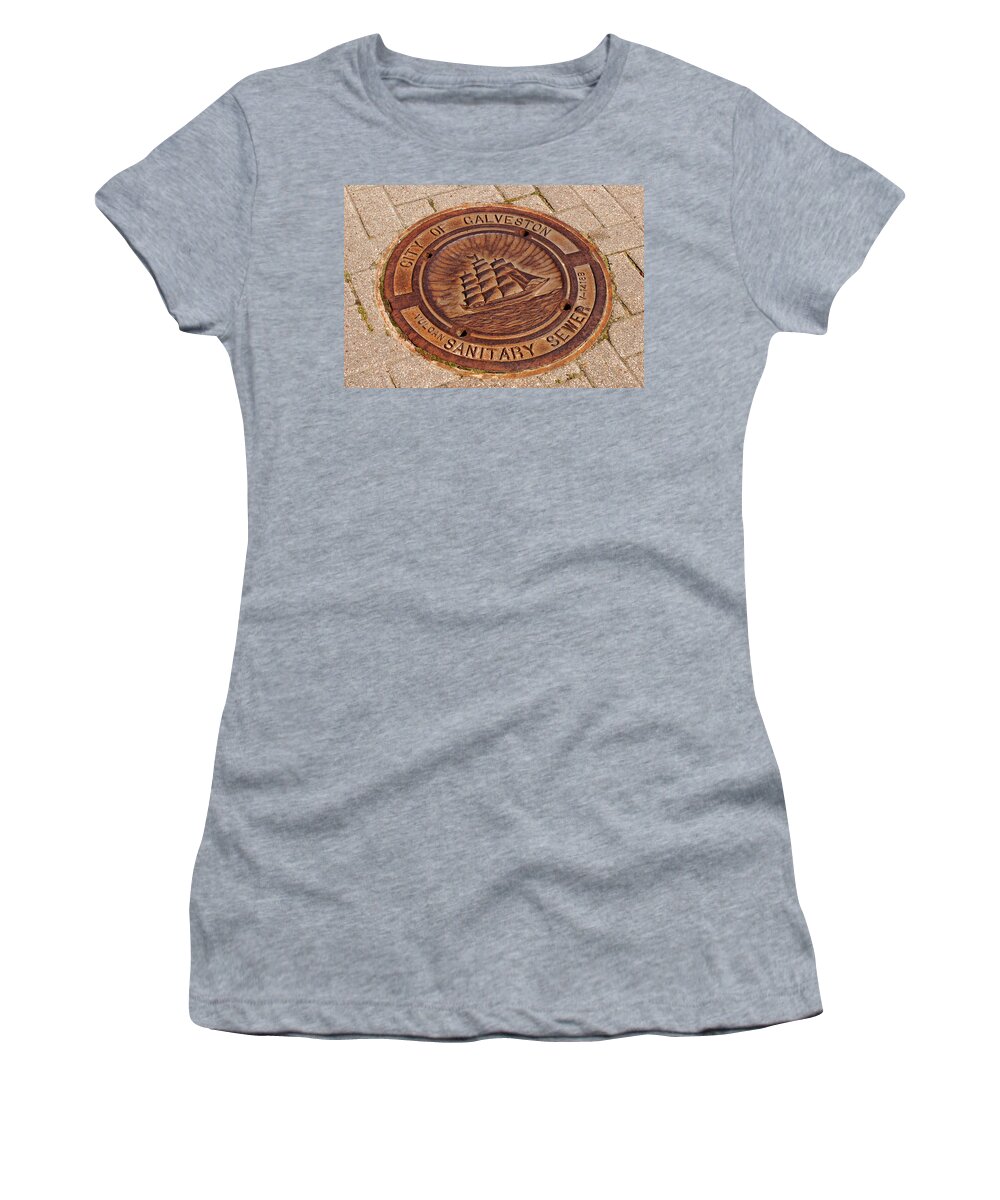 Manhole Cover Women's T-Shirt featuring the photograph Galveston Texas Manhole Cover by Connie Fox