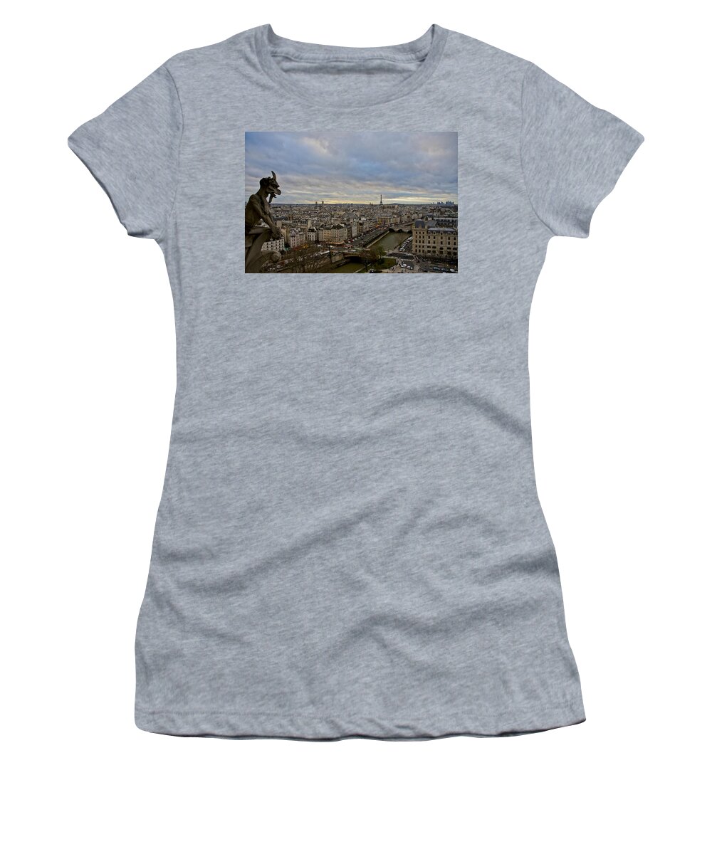 Eiffel Tower Women's T-Shirt featuring the photograph Gargoyle and the Eiffel Tower by Brian Kamprath