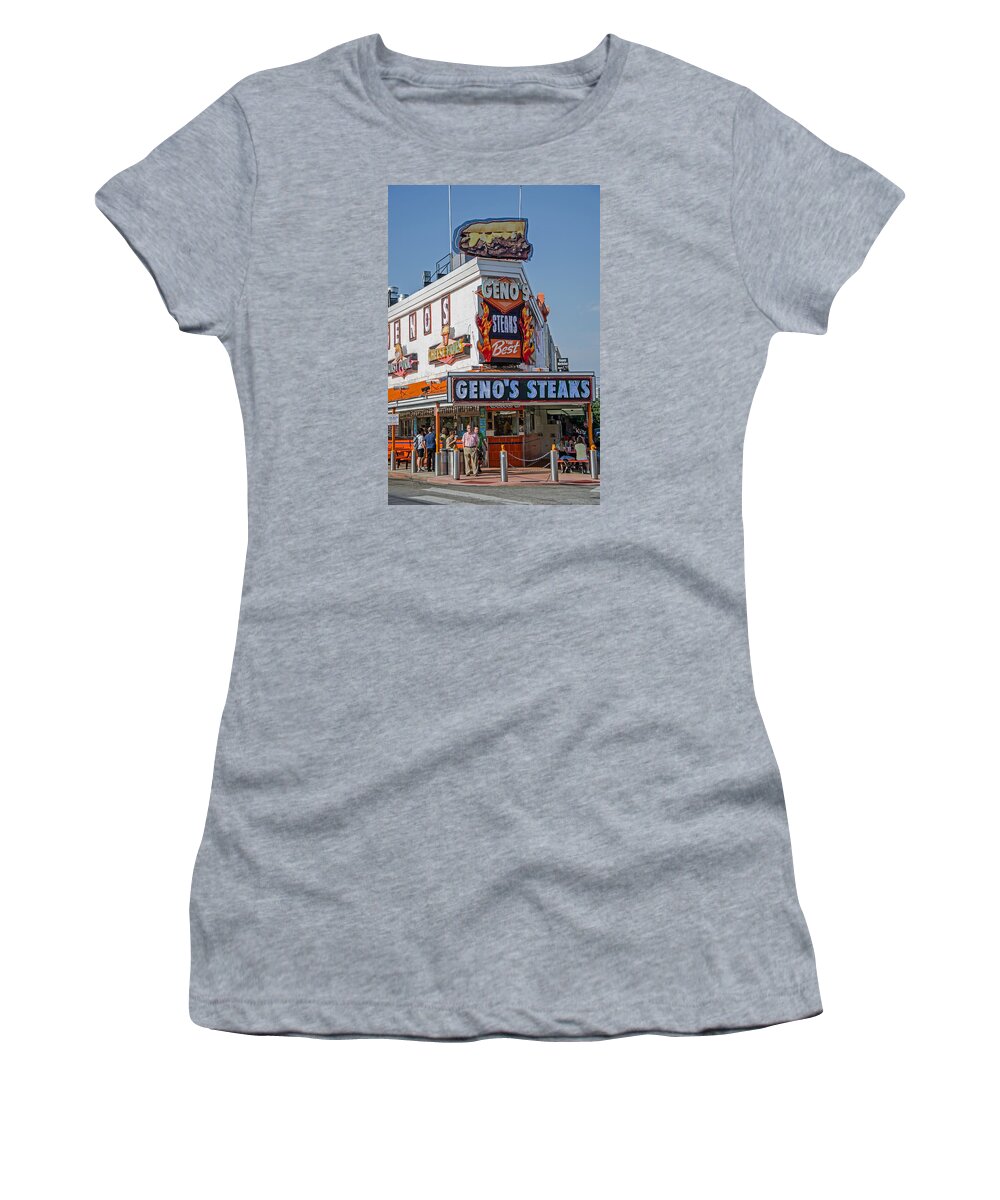 Geno's Steaks Women's T-Shirt featuring the photograph Geno's Steaks by Susan McMenamin