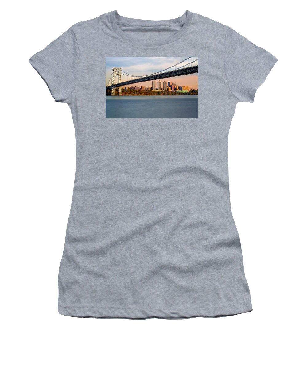 George Washington Bridge Women's T-Shirt featuring the photograph George Washington Bridge In Autumn by Susan Candelario