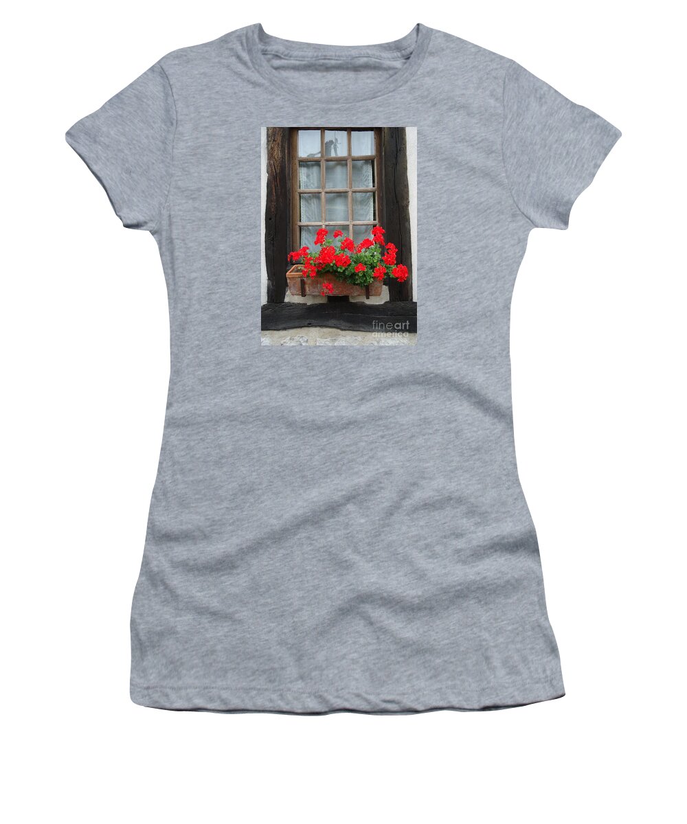 Geraniums Women's T-Shirt featuring the photograph Geraniums in Timber Window by Barbie Corbett-Newmin