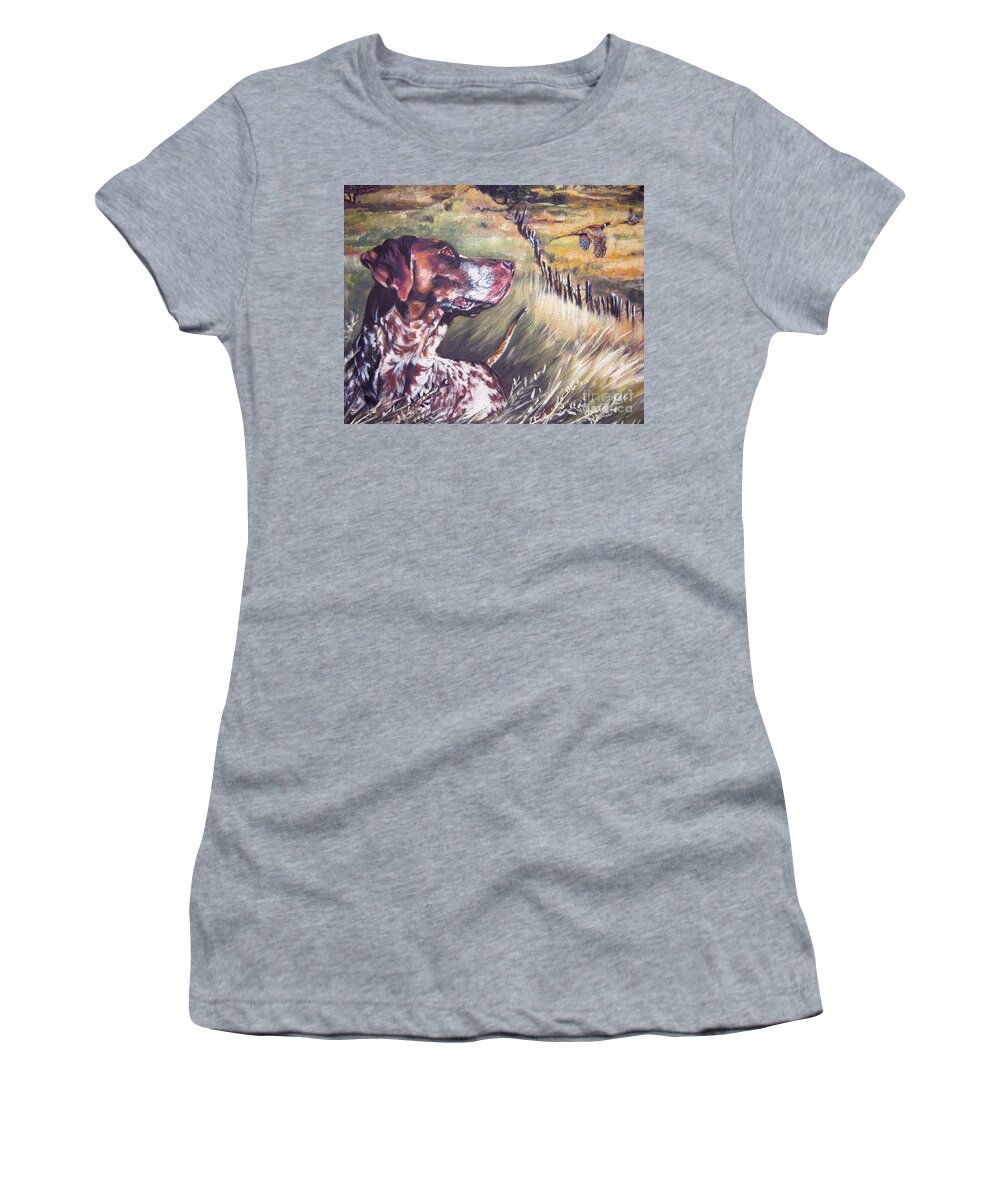 Dog Women's T-Shirt featuring the painting German Shorthaired Pointer and Pheasants by Lee Ann Shepard