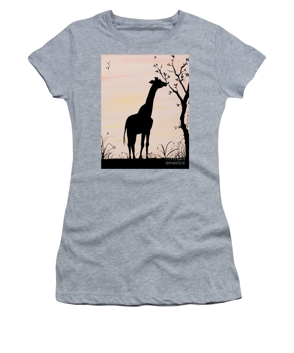 Giraffe Women's T-Shirt featuring the painting Giraffe silhouette painting by Carolyn Bennett by Simon Bratt