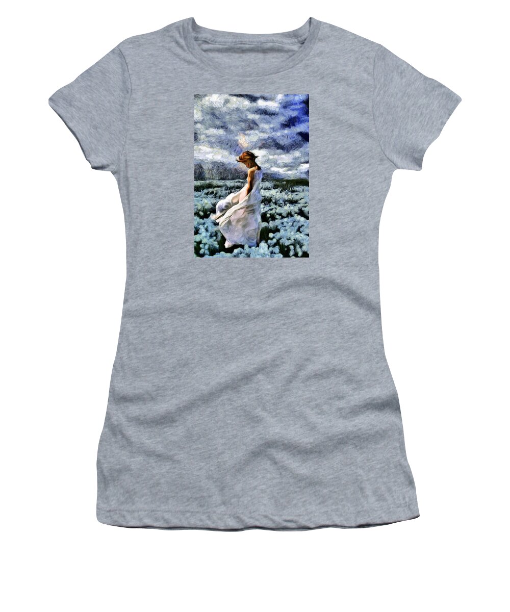 Impressionism Women's T-Shirt featuring the painting Girl In A Cotton Field by Georgiana Romanovna