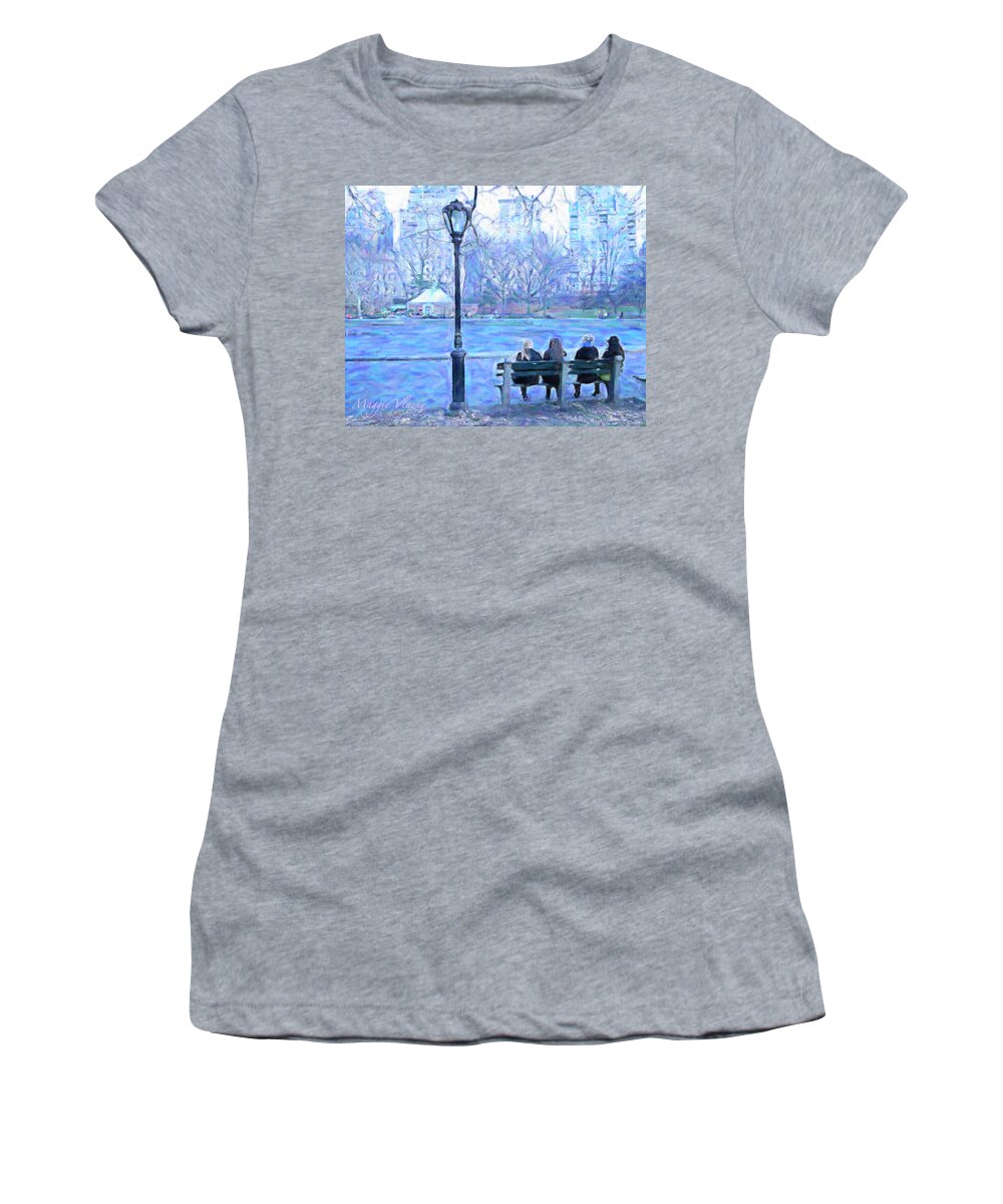 Girls At Pond In Central Park Ny Women's T-Shirt featuring the painting Girls at Pond in Central Park by Femina Photo Art By Maggie