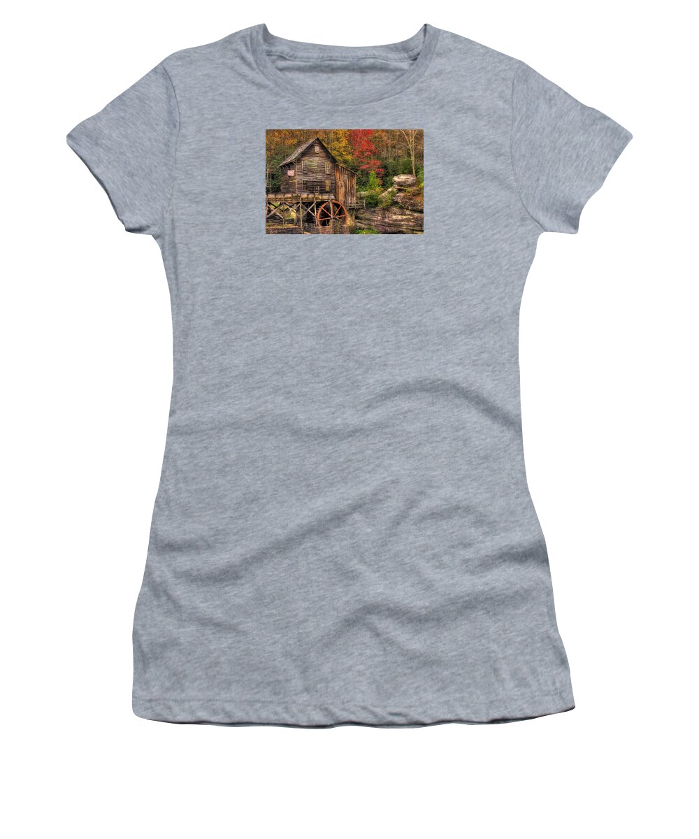 West Virginia Women's T-Shirt featuring the photograph Glade Creek Grist Mill-1A Babcock State Park WV Autumn Late Afternoon by Michael Mazaika