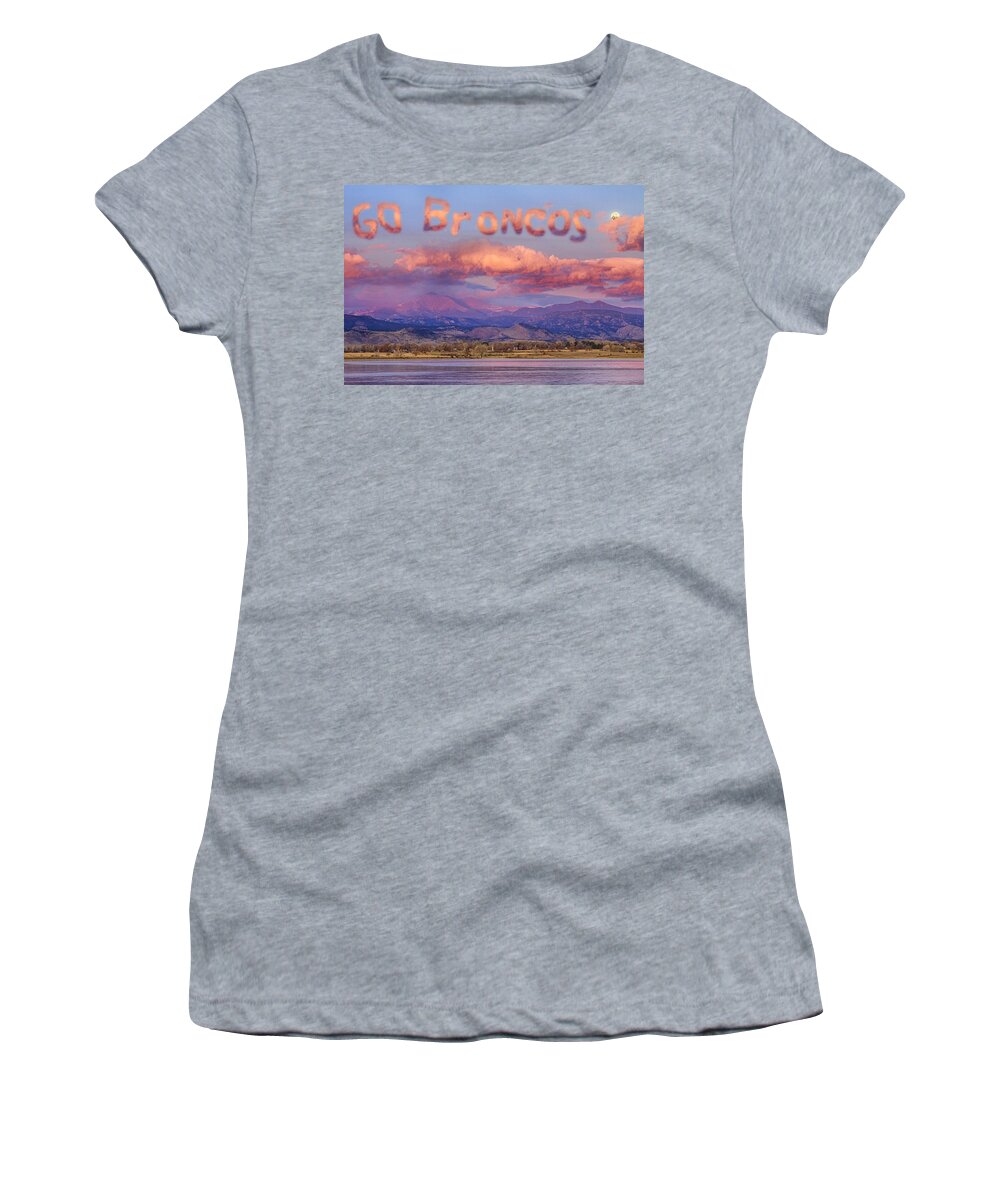 Go Broncos Women's T-Shirt featuring the photograph Go Broncos Colorado Front Range Longs Moon Sunrise by James BO Insogna