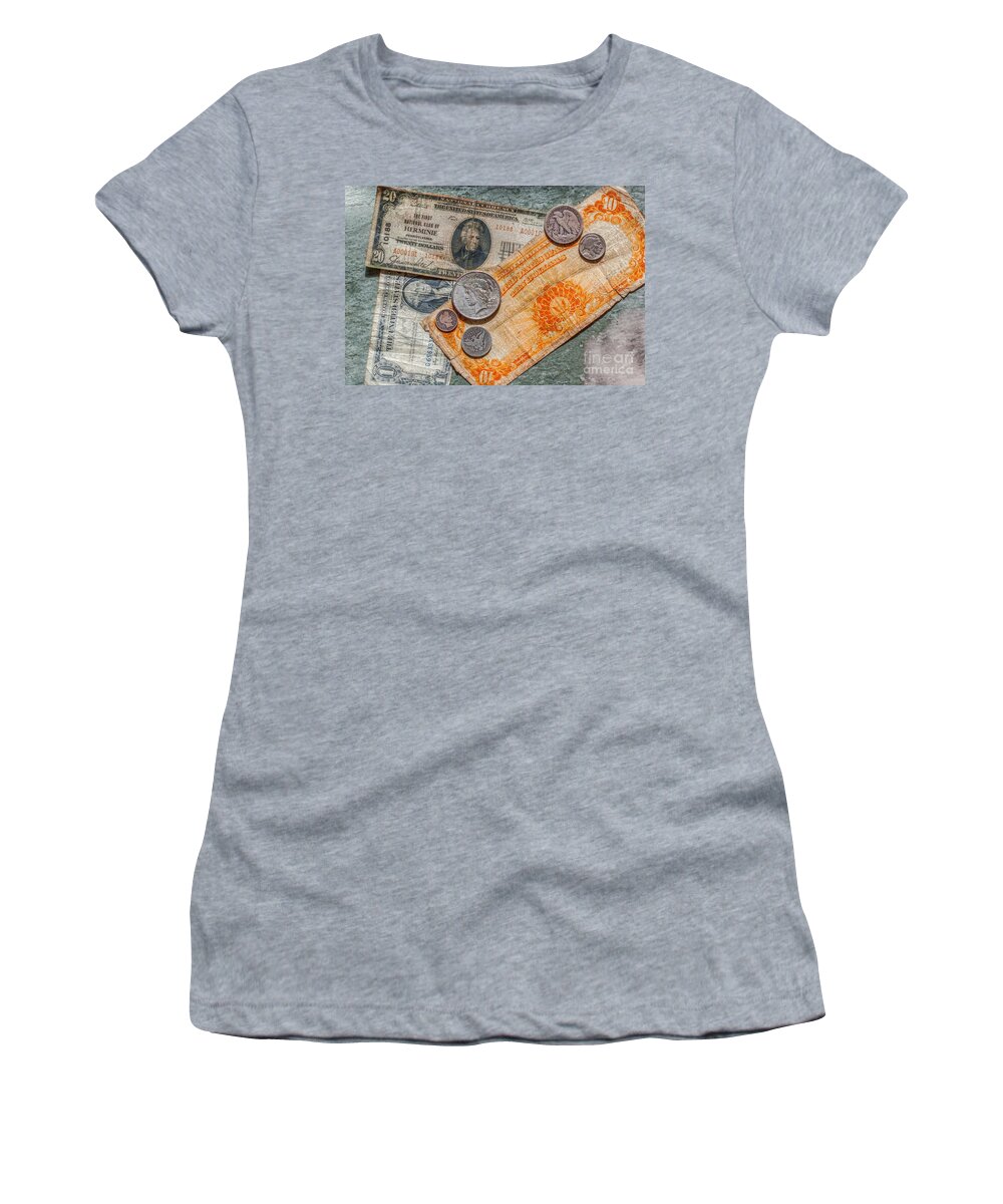 Gold Certificate And Silver Coins Women's T-Shirt featuring the photograph Gold Certificate and Silver Coins Ver 3 by Randy Steele