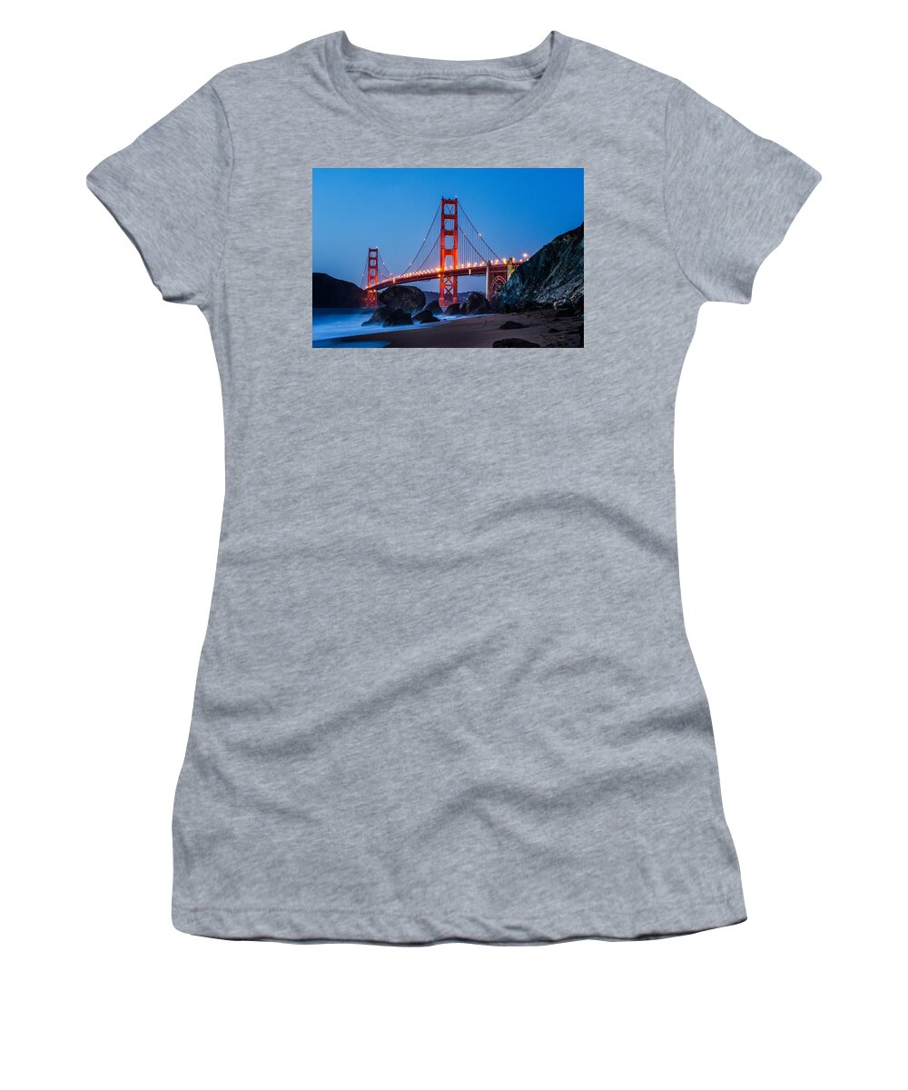 Golden Gate Women's T-Shirt featuring the photograph Golden Gate at Twilight by Linda Villers