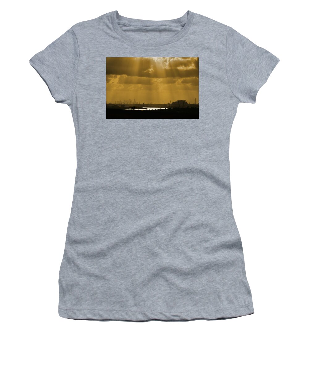 Ship Channel Women's T-Shirt featuring the digital art Golden Light by Linda Unger