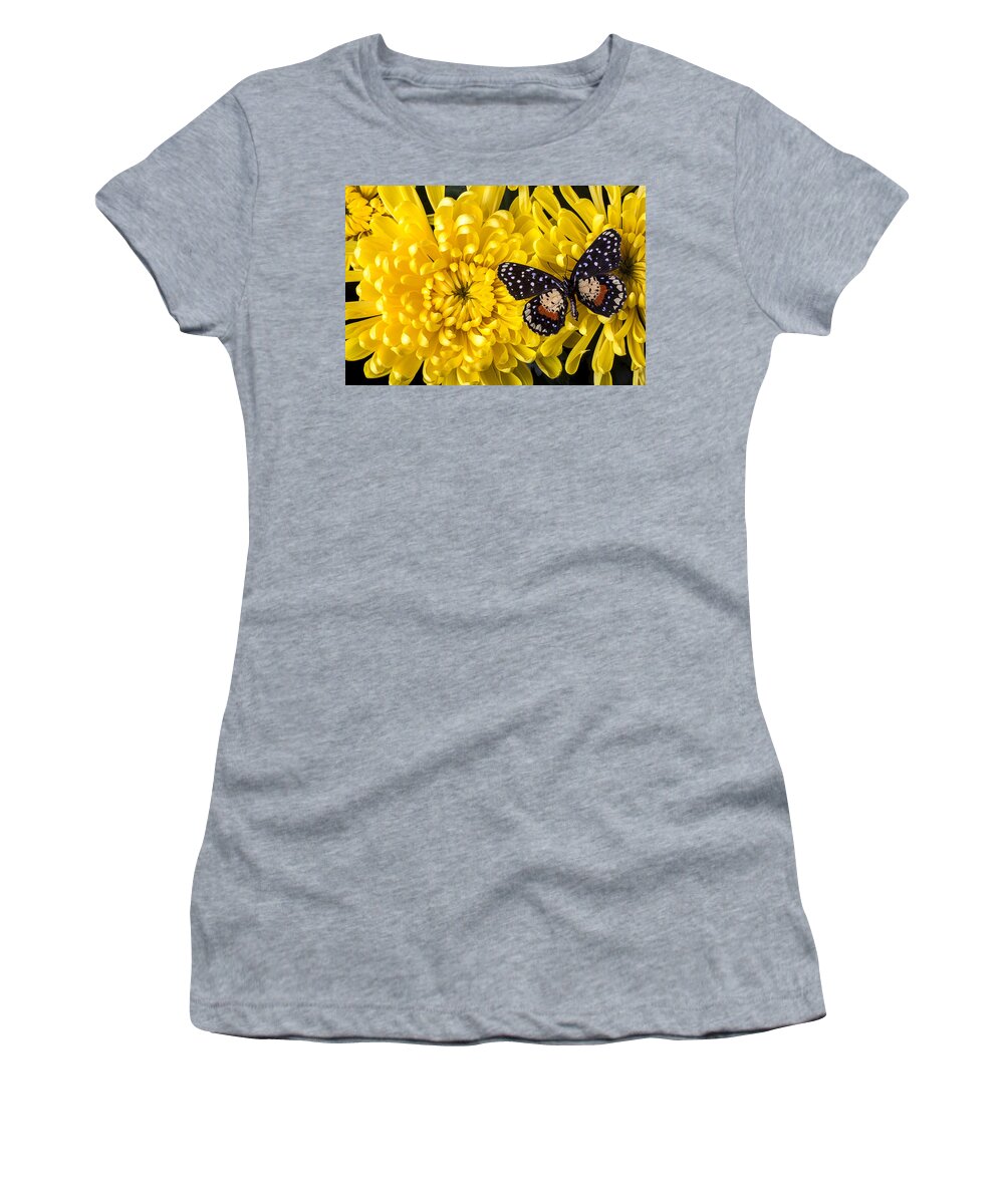 Yellow Spider Women's T-Shirt featuring the photograph Golden Mum And Butterfly by Garry Gay