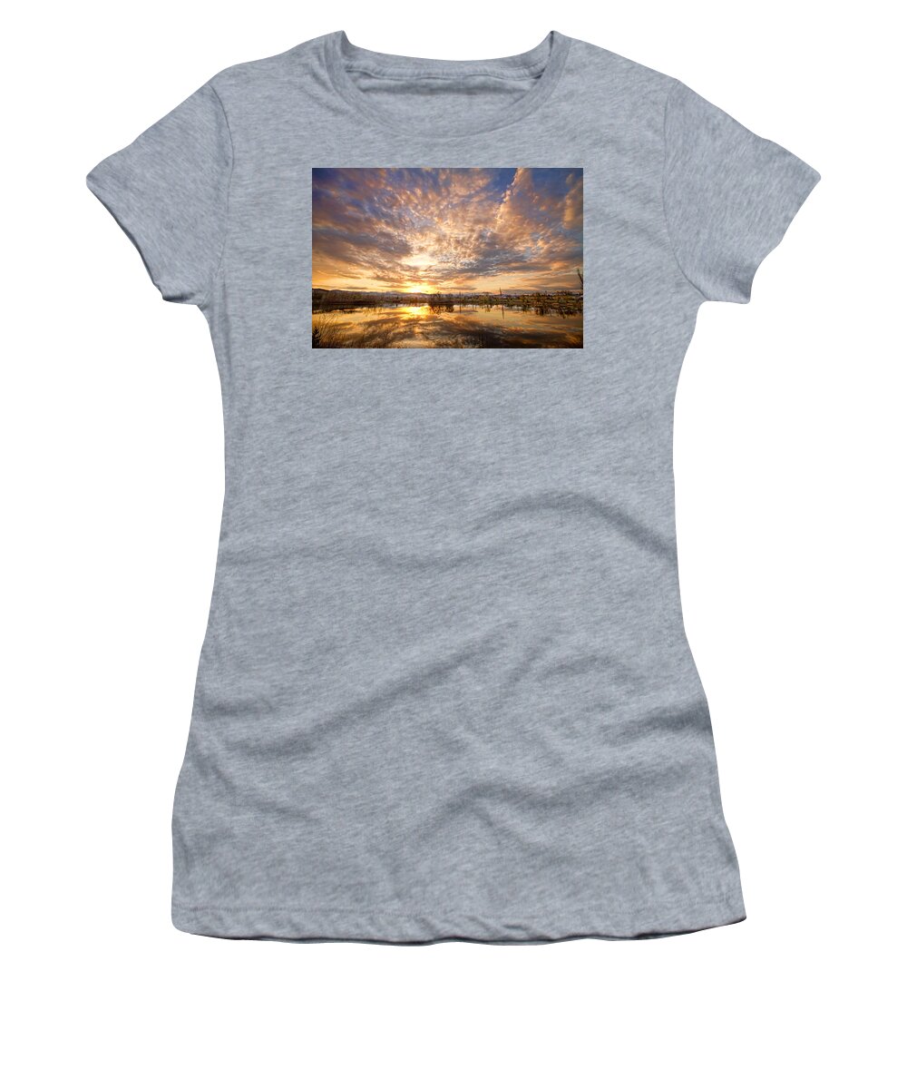 Clouds Women's T-Shirt featuring the photograph Golden Ponds Scenic Sunset Reflections 5 by James BO Insogna