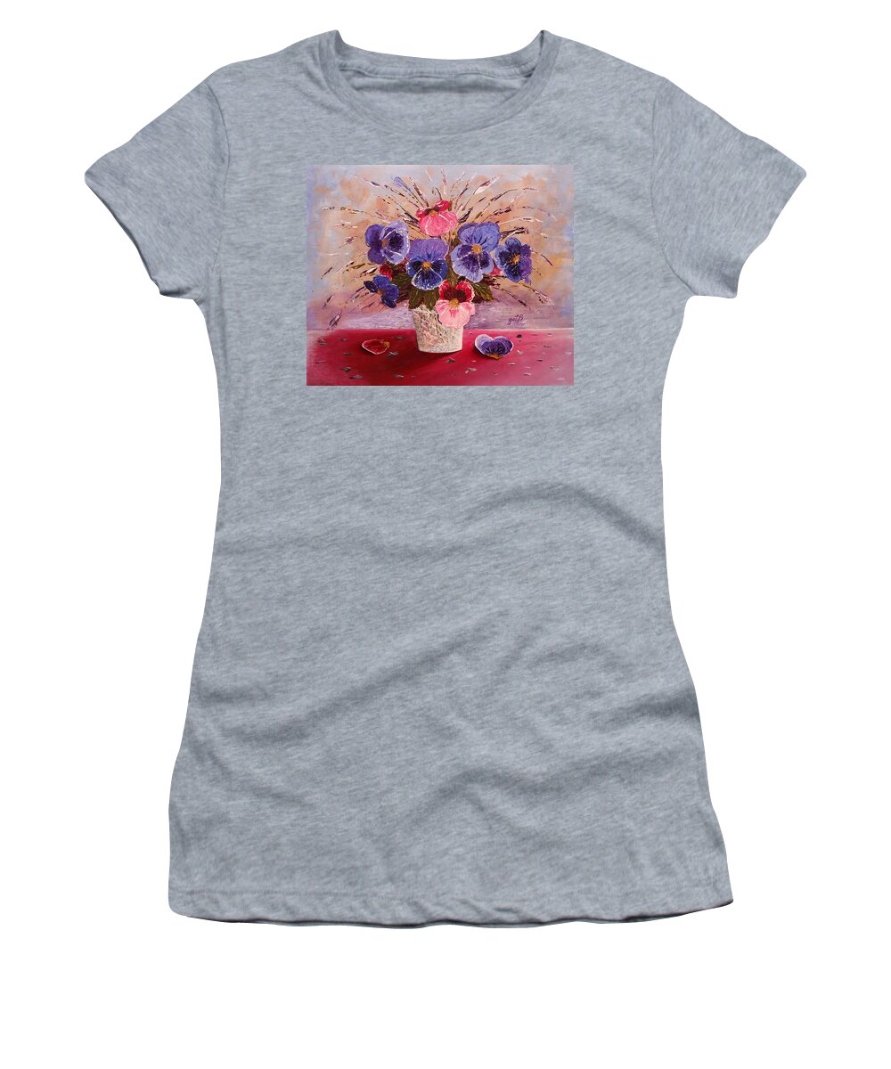 Pansy Women's T-Shirt featuring the painting Gorgeous Pansies original palette knife painting by Georgeta Blanaru