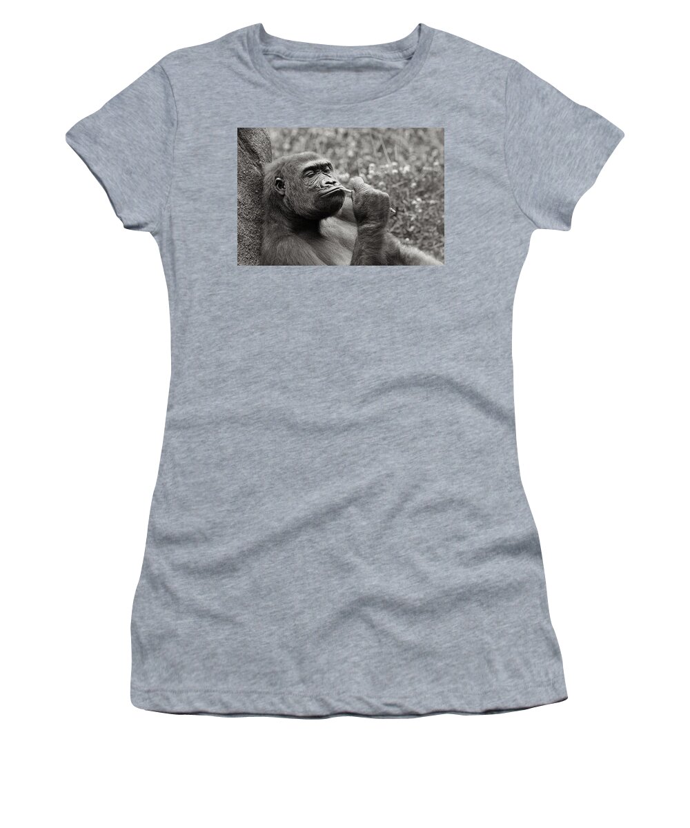 Gorilla Women's T-Shirt featuring the photograph Gorilla Deep in Thought - Black and White by Angela Rath