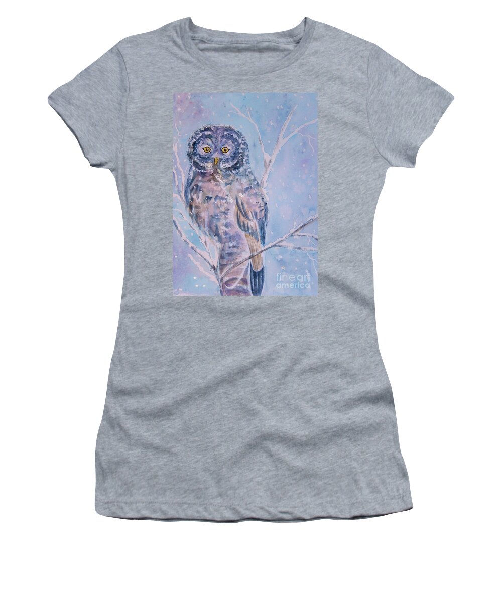 Great Gray Owl Women's T-Shirt featuring the painting Great Gray Owl in Blue and Purple by Ellen Levinson