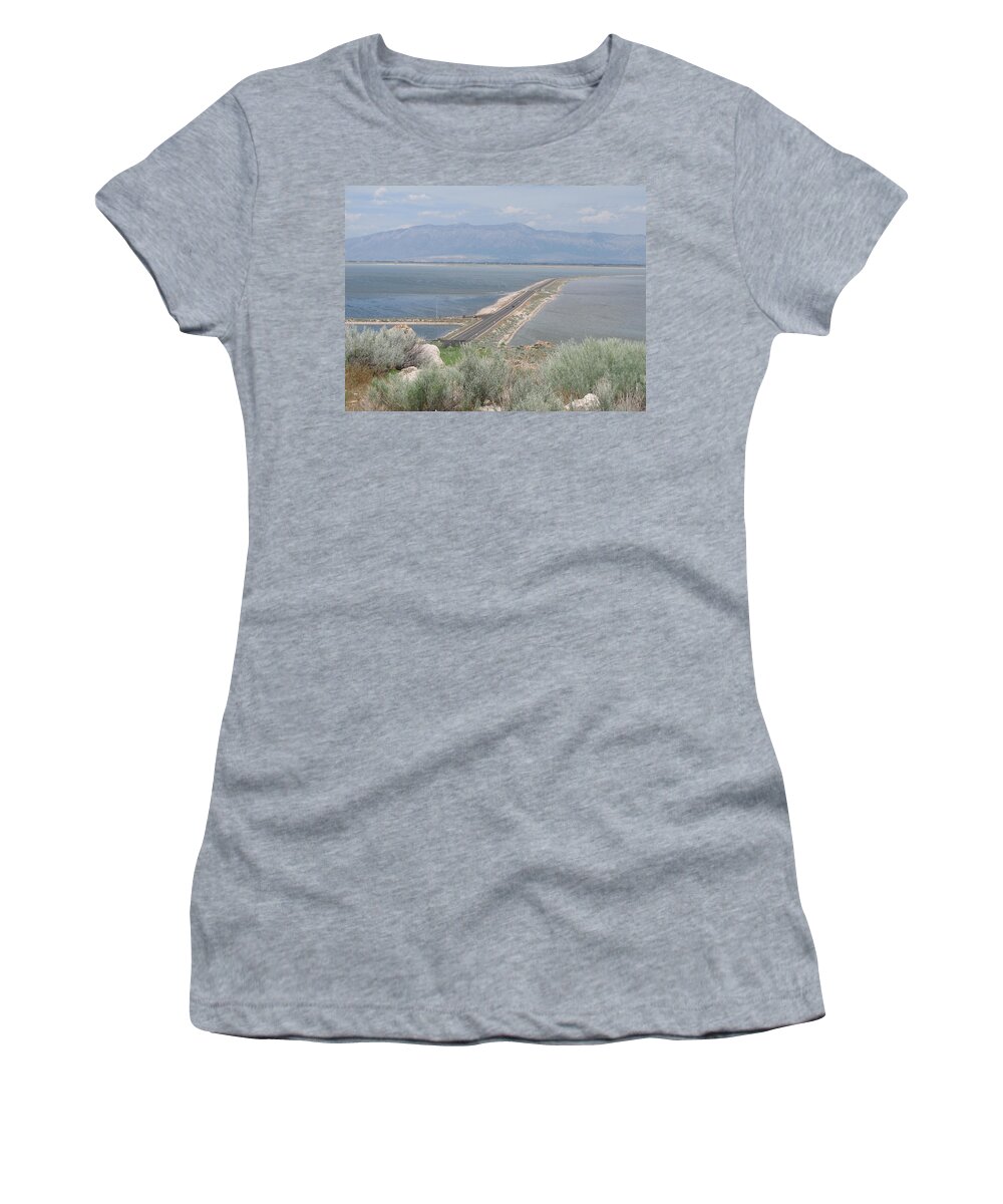 Mountains. Salt Lake Women's T-Shirt featuring the pyrography Great Salt Lake by Carol Allen Anfinsen