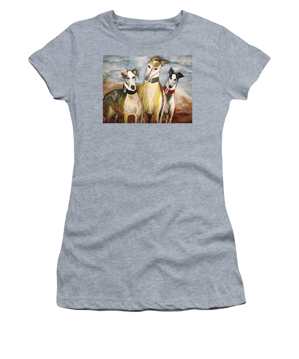 Greyhounds Women's T-Shirt featuring the painting Greyhounds by Leslie Manley