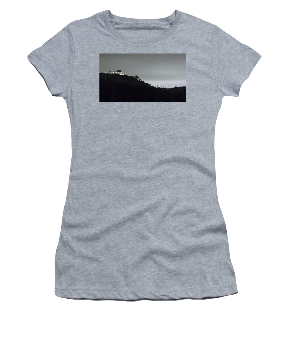 Griffith Park Observatory Women's T-Shirt featuring the photograph Griffith Park Observatory and Los Angeles Skyline at Night by Belinda Greb