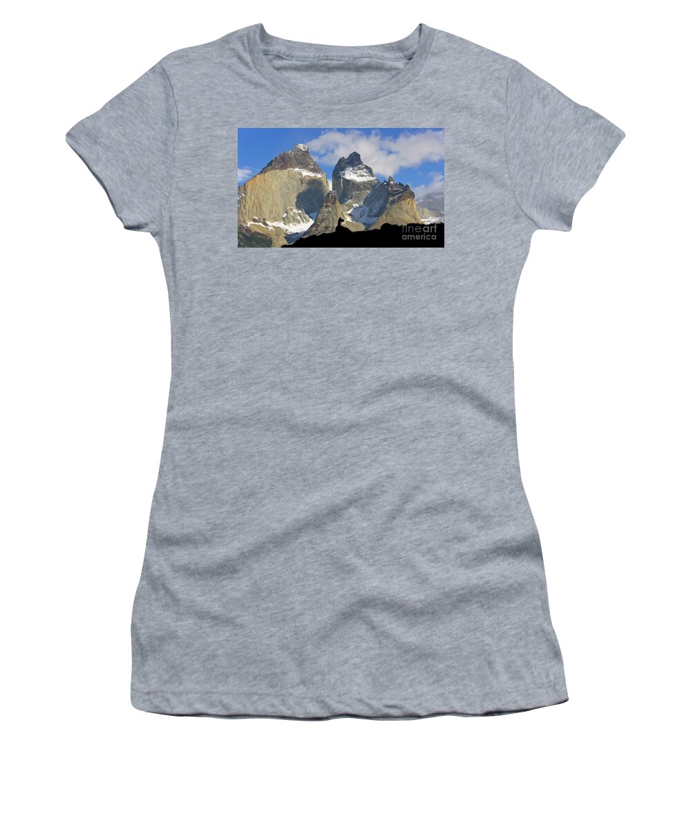 00345708 Women's T-Shirt featuring the photograph Guanaco and Cuernos del Paine by Yva Momatiuk John Eastcott